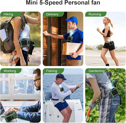 Portable Fan Wearable Personal Fan with 5 Speed Max 55 Working Hours Low Noise Portable Neck Fans Cooling Waist Fans for Camping Traveling LED Power Display 10000mAh Rechargeable (Dark Green)