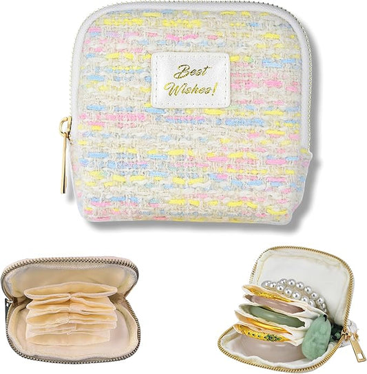 Small Travel Jewelry Case, Soft Tweed Organizer Pouch for Bangle, Bracelets, large Earrings, Beaded necklace, Anti-Scratch & Portable Jewelry Bag Holder for Travel & Everyday Use (Cotton Candy)