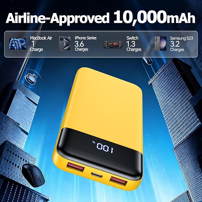 Portable Charger 10000mAh Slim Power Bank Portable Phone Charger 22.5W PD QC Fast Charging with 3 Outputs 2 Inputs Battery Pack Compatible with iPhones Samsung Google Pixel LG Moto More Devices Orange