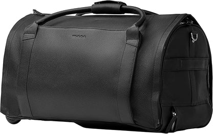 Wool & Oak - NOVA Large Duffle Bag with Wheels - Carry On Garment Duffle Bags for Travel, Overnight, Hospital, Travel Bags with Shoe Compartment, Tech Pocket - Gifts for Men (Leather, Jet Black)