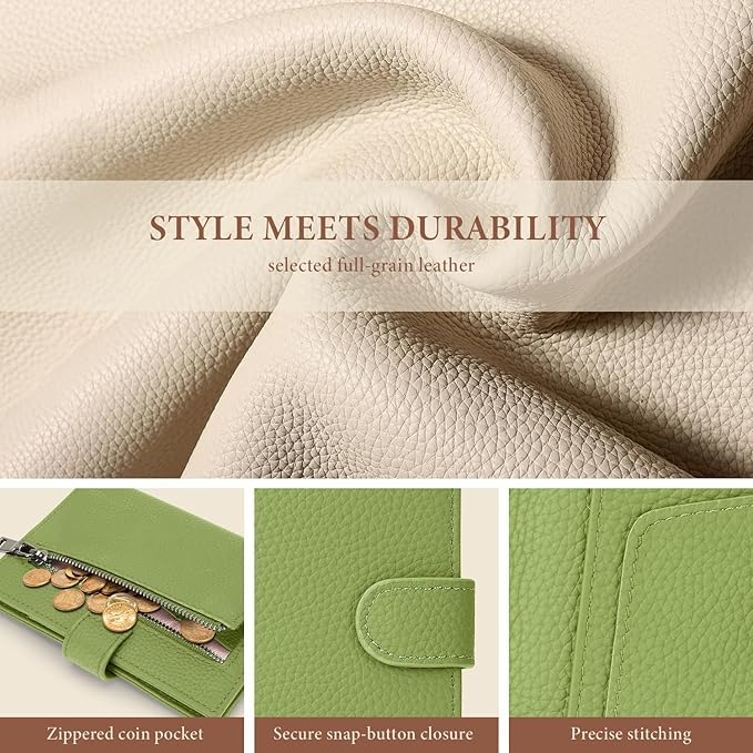 Genuine Leather Passport Holder for Women Men, Hidden Airtag Pocket, RFID Blocking, Zippered Coins Pocket & Cash Compartment Travel Gifts Essentials Passport Cover Case - Green