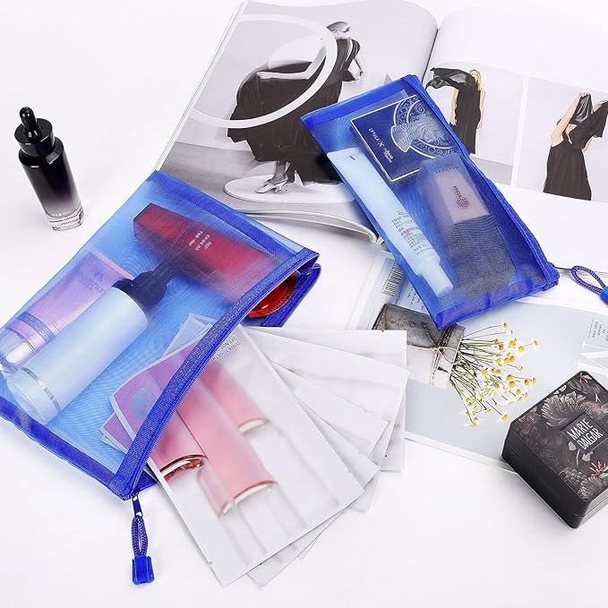 12 Pieces Zipper Nylon Mesh Pouch, Mesh Cosmetic Bags Makeup Bags Pencil Case, Multipurpose Travel Bags for Cosmetic School Office Supplies and Travel Accessories (Blue, A5+B6)