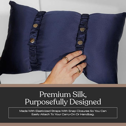 Lunya Washable Silk Travel Pillow – Soft Mulberry Silk Neck Pillow with Zipper Pillow Insert, Adjustable Fill, and Snap Straps – Travel Essential for Plane, Car, or Home - Waning Night - One Size