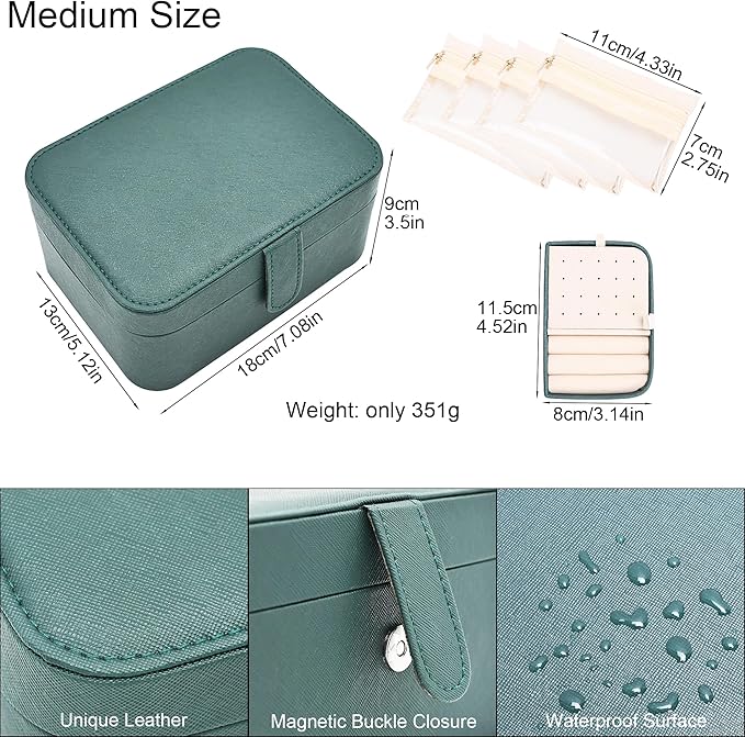 2 Layer Large Jewelry Travel Case with 4 Jewelry Pouches, PU Leather Portable Jewelry Storage Box, Medium Size Jewelry Organizer Box for Earrings, Necklaces, Bracelets (dark green)