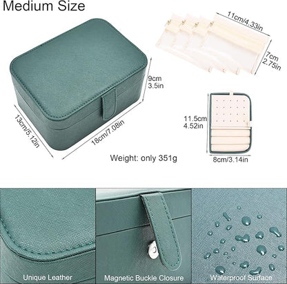 2 Layer Large Jewelry Travel Case with 4 Jewelry Pouches, PU Leather Portable Jewelry Storage Box, Medium Size Jewelry Organizer Box for Earrings, Necklaces, Bracelets (dark green)