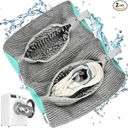 Shoe Bag for Washing Machine, Sneaker Cleaning Bag 2 PCS Set Grey, Fluffy Fiber Inside, Large Size Shoe Washing Machine Bag, 360 Laundry Bag for Tennis Gym Running Trainers Hiking