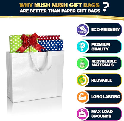 Nush Nush Large White Gift Bags Bulk - Set of 60 Reusable White Gift Bags Large Size With Handles - For Small Business Use, Wedding Gifts, Birthday Party Favor, Christmas, Holidays - 13x5x11 Size
