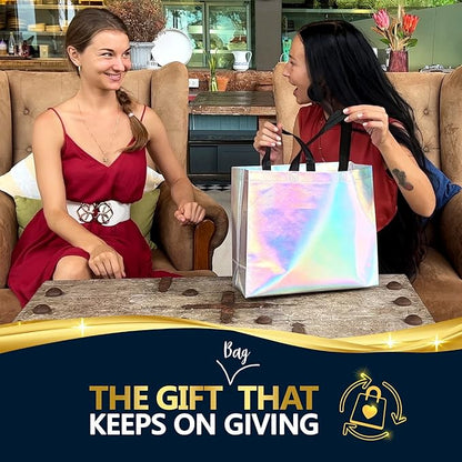 Nush Nush Set of 60 Large Iridescent Gift Bags in Bulk - Big Holographic Reusable Gift Bags With Black Handles - For Small Business, Gifting Events, Christmas, Birthdays - 13Wx5Dx11H Size