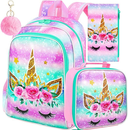 WZLVO 3PCS Unicorn Backpack for Girls, 16" Kids Preschool Bookbag with Lunch Box，Water Resistant School Backpacks Set for Elementary Kindergarten