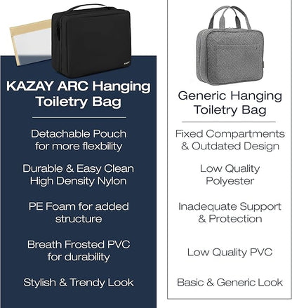 KAZAY Hanging Toiletry Bag with TSA Approved Detachable Pouch, Travel Toiletry Bag, Water Resistant, Premium Nylon, Travel Size Toiletries Cosmetic Bag, Makeup Bag, Unisex (Black)
