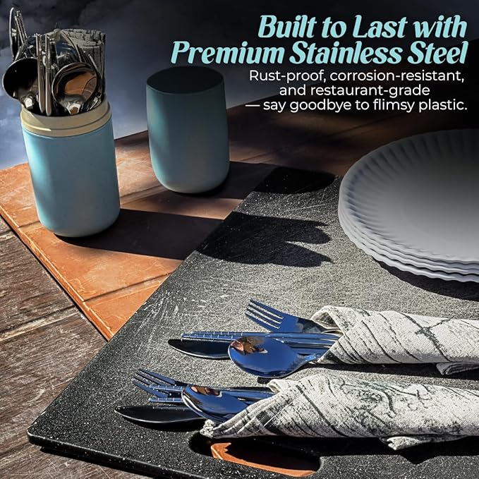 Travel Utensils with Case - Metal Camping Silverware Cutlery Set with Cups - Reusable & Portable Fork Knife Spoon Flatware & Chopsticks for Lunch Box, Backpacking, Mess Kit (2 Cases)