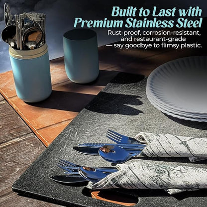 Travel Utensils with Case - Metal Camping Silverware Cutlery Set with Cups - Reusable & Portable Fork Knife Spoon Flatware & Chopsticks for Lunch Box, Backpacking, Mess Kit (2 Cases)