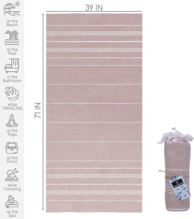 Turkish Beach Towel, Prewashed, 100% Cotton, Soft, Absorbent, Quick Dry, Sand Free Large Oversize Beach Towels for Bathroom Camping Yoga Gym Pool Travel Size 39x71 Inches (Beige)