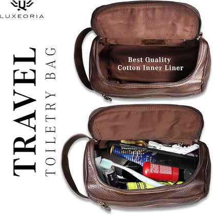 LUXEORIA Genuine Leather Toiletry Bags for Men and Women, Handmade Premium Leather Dopp Kit and Shaving Bag, Cosmetic Bag for Womens and Mens, Travel Essentials & Organizers