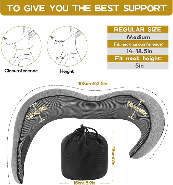 REDOFF®Travel Pillow for Neck Support, Memory Foam Neck Pillow for Airplane, Car, Office - Adjustable Strap with Magic Tape, Breathable & Portable with Storage Bag（Gray