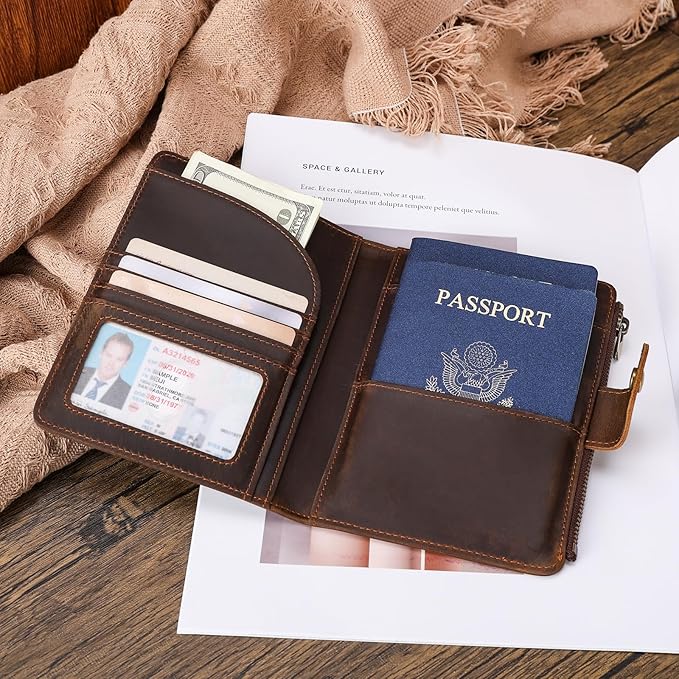 Polare Full Grain Leather Travel Passport Holder with YKK Zipper Pocket Snap Passports Cover RFID Blocking Passport Wallet Holders 2 Passports (Dark Brown with Zipper Pocket)