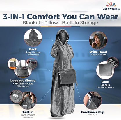 3-in-1 Travel Blanket Airplane – Compact with Bag & Pillow Combo Set, Gray Ultra-Soft Fleece | Packable Blanket Compact | Hidden Pocket | Trolley Sleeve | Carabiner | Travel Essentials