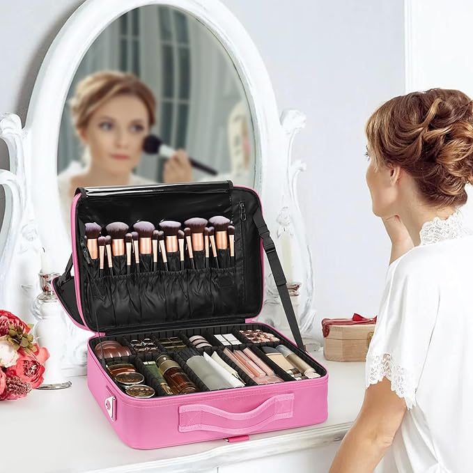 Relavel Makeup Case Large Makeup Bag Professional Train Case Travel Cosmetic Organizer Brush Holder Waterproof Makeup Artist Storage Box, 3 Layer Large Capacity, with Adjustable Strap, Rose Pink