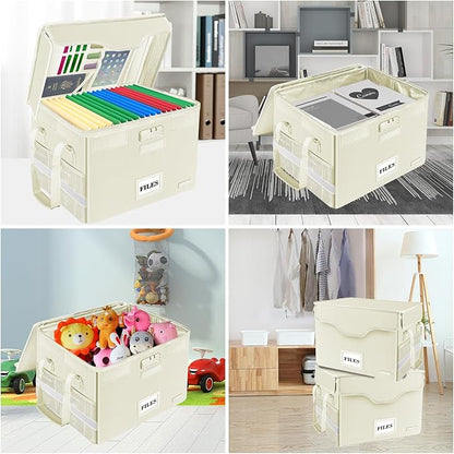 DocSafe Fireproof Document Box with Lock,File Storage Organizer with Zipper Pockets,Collapsible Portable File Box Home Office Safe Filing Cabinet with Handle for Hanging Letter/Legal Folders,Beige