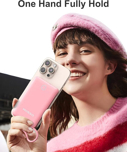 miisso 10000mAh Compatible with iPhone 15/16/17 and Android, Slim Portable Charger with Built in Cable, Power Bank Travel Charger External Battery Pack for Phone, 3 Output USB Type C Cord, Pink