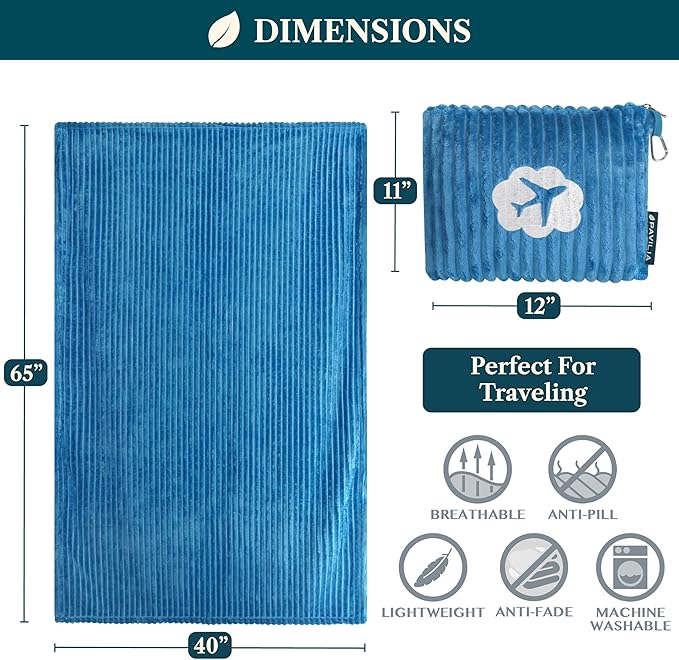 PAVILIA Travel Blanket Pillow in Soft Bag with Pockets, Airplane Blanket Set, Plane Blanket Compact Packable, Flight Essentials Car Pillow, Travelers Accessories Gifts, Luggage Strap, Turquoise