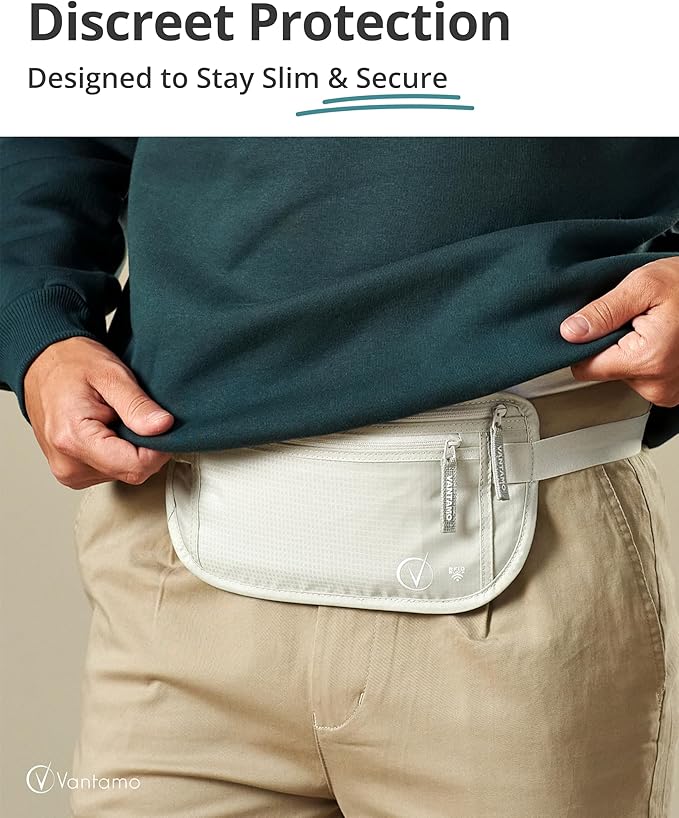 Vantamo Money Belt with RFID For Men & Women, Hidden Passport Holder for Travel, 2 Compartment Travel Fanny Pack for Women Anti Theft