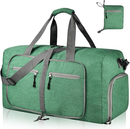 Dimayar 65L Travel Duffle Bag for Men Women - Foldable Duffel Bag with Shoes Compartment - Overnight Bags Waterproof & Tear Resistant(Forest Green)