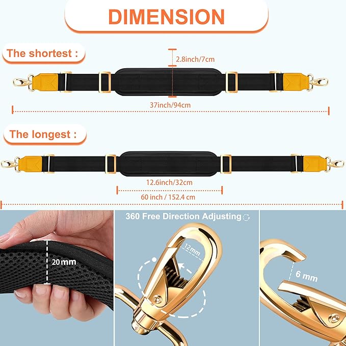 ZINZ 60" Universal Strap with Ultra-thick Fixed Breathable Pad - Adjustable Heavy-duty Shoulder Strap for Laptop, Crossbody Luggage, Gym Bag, Camera Bag and More - Black, Yellow