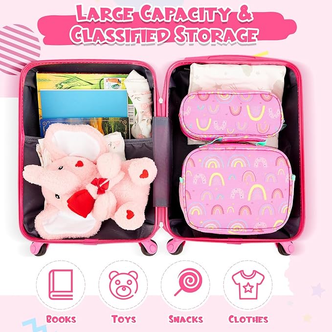 Redbaker 6 Pcs Kids Luggage Set 17 Inch Kids Rolling Luggage Double Pattern Suitcase for Girls Boys School Gift(Dusty Pink,Rainbow Style)
