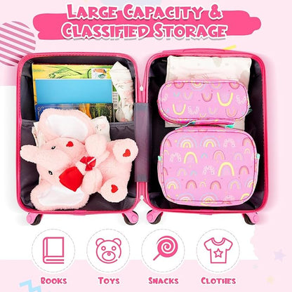 Redbaker 6 Pcs Kids Luggage Set 17 Inch Kids Rolling Luggage Double Pattern Suitcase for Girls Boys School Gift(Dusty Pink,Rainbow Style)