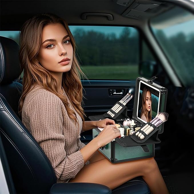 Makeup Case with Lighted Mirror, Makeup Box Organizer with Detachable LED Mirror, Travel Makeup Train Case, Waterproof Cosmetic Organizer, Standing Makeup Brush Holder, Gift, Black Green