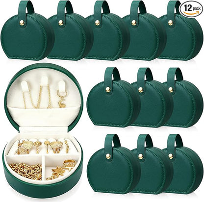 Weysat 12 Pack Travel Jewelry Case Mini Leather Bridesmaid Jewelry Gift Box Bulk Small Earring Storage Organizer (Dark Green)