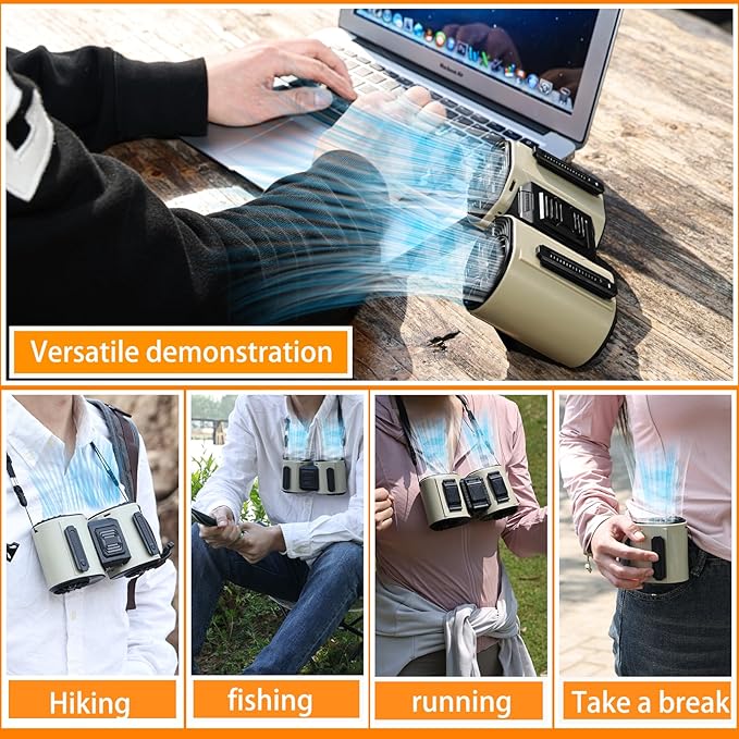 Portable Waist Fan Detachable Double Fan Combination Turbo Technology10000 mAh 5-Speed 13000RPM Clip On Belt Wearable Personal Neck Fan for Traveling Outdoor Jobsite Camping WZ-ruijiang (GREEN +BLACK)