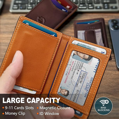 Magnetic Closure Slim Wallet for Men with Money Clip Gift Boxed,Genuine Leather Front Pocket Wallet, 3.9"x 2.7", RFID Blocking