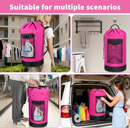 Laundry Bag Backpack with 3 Sizes Mesh Wash Bags and Shoulder Straps Foldable Clothes Hamper Bag with Drawstring Closure for College, Apartment, Laundromat (Pink)