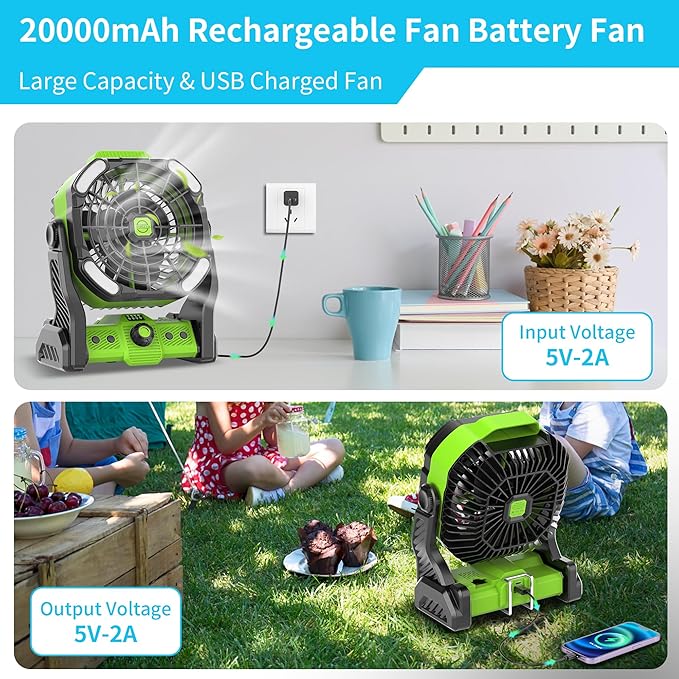 20000mAh Battery Powered Fan Rechargeable,Rechargeable Fans Portable Camping Fan with LED Lantren,270°Rotation Battery Operated,USB Camping Lantern for Tents Travel X26 Grass-green