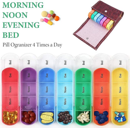 Pill Organizer,LIZIMANDU Weekly Travel Pill Case Box Medication Reminder Daily AM PM, Day Night 7 Compartments,for 4 Times A Day, 7 Days a Week-Includes Leather PU Carrying Case(1-Carved Red)