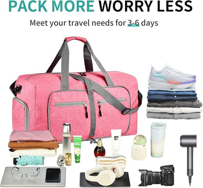 Dimayar 65L Travel Duffle Bag for Men Women - Foldable Duffel Bag with Shoes Compartment - Overnight Bags Waterproof & Tear Resistant(Pink)