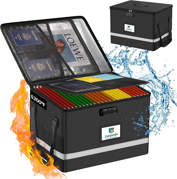 Fireproof File Box with Lock, 5200°F Document Box Storage Organizer, Suitable for Hanging File Folders in Letter Size, Collapsible Box, Reflective Strip for Fast Find (16.6*12.6*10.2, Black)