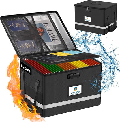 Fireproof File Box with Lock, 5200°F Document Box Storage Organizer, Suitable for Hanging File Folders in Letter Size, Collapsible Box, Reflective Strip for Fast Find (16.6*12.6*10.2, Black)