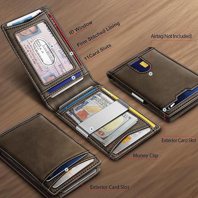 Genuine Leather Wallet for Men, Slim Bifold RFID Blocking with Zipper Coin Pocket, Minimalist Design for Travel and Daily Use (Coffee)