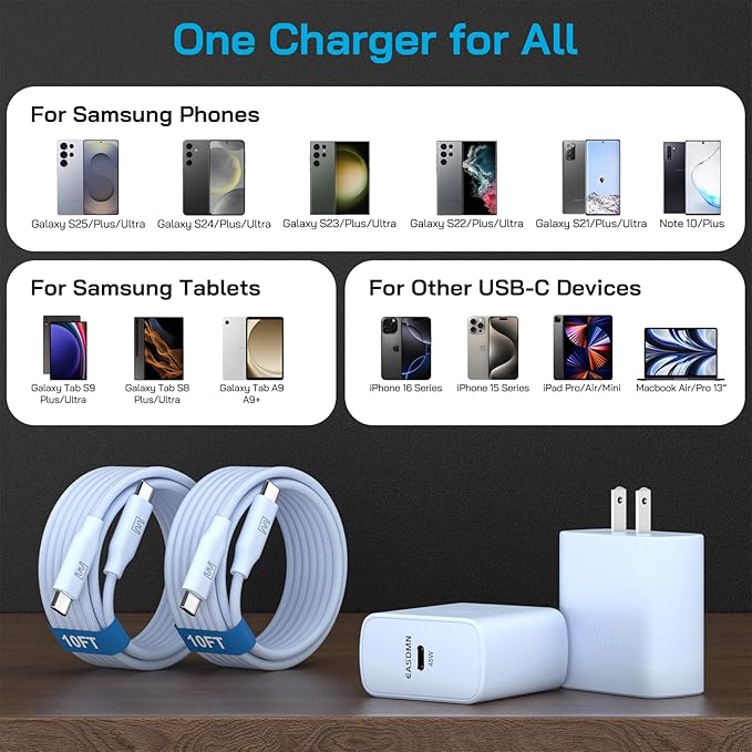 45W Super Fast Charger Type C, [2 Pack] 45 Watt USB-C Charger PD/PPS Wall Charging Block for Samsung Galaxy S25 Ultra/S24/S23 Ultra/S23+/S22 Ultra/S22+/S20 Ultra, Tab S8(Blue, with 2X 10ft Cable)