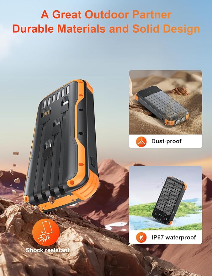 Solar Charger Power Bank, PD 20W Fast Charging External Batter, 40000mAh Portable Phone Charger Built in 4 Cables with Dual Bright Flashlights for Camping, Hiking, and Outdoor Use