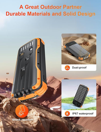 Solar Charger Power Bank, PD 20W Fast Charging External Batter, 40000mAh Portable Phone Charger Built in 4 Cables with Dual Bright Flashlights for Camping, Hiking, and Outdoor Use