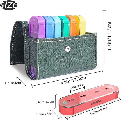 Pill Organizer,Haecsfl Weekly Travel Pill Case Box Medication Reminder Daily AM PM, Day Night 7 Compartments,for 4 Times A Day, 7 Days a Week-Includes Leather PU Carrying Case(1-Carved Green2)