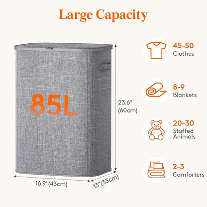 Lifewit 85L Laundry Basket with Lid, Large Laundry Hamper with Plastic Handles and Removable Bag, Foldable Tall Dirty Clothes Hampers for Laundry for Laundry Room, Bedroom, Bathroom, Dorm, Light Gray