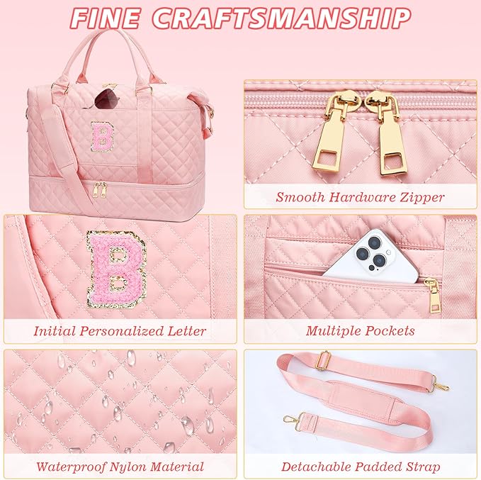 Gifts for Daughter Girls Birthday Christmas Initial Travel Duffle Bag Quilted Weekender Bags Carry-On Overnight with Cosmetic Bag, Gym Bag with Shoe Compartment, Pink-B