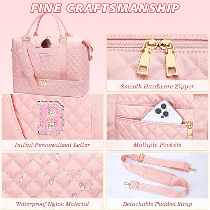 Gifts for Daughter Girls Birthday Christmas Initial Travel Duffle Bag Quilted Weekender Bags Carry-On Overnight with Cosmetic Bag, Gym Bag with Shoe Compartment, Pink-B