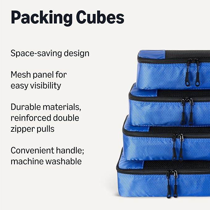 Amazon Essentials 4-Piece Packing Cubes Travel Accessories Set, Luggage Organizer with Double Zipper, Mesh Top, 100% Polyester, Small/Medium/Large/Slim, Blue (Previously Amazon Basics)