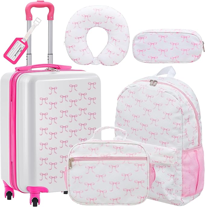 Redbaker 6 Pcs Kids Luggage Set 17 Inch Kids Rolling Luggage Double Pattern Suitcase for Girls Boys School Gift(Pink, 17 Inch, Bow Style)